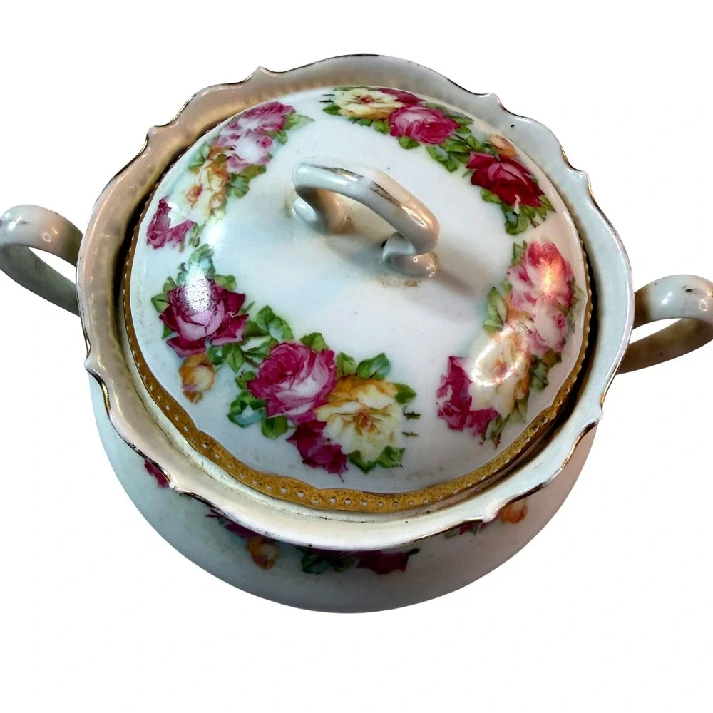 PK Silesia Sugar Bowl Antique Porcelain Pink Roses Cottagecore Victorian